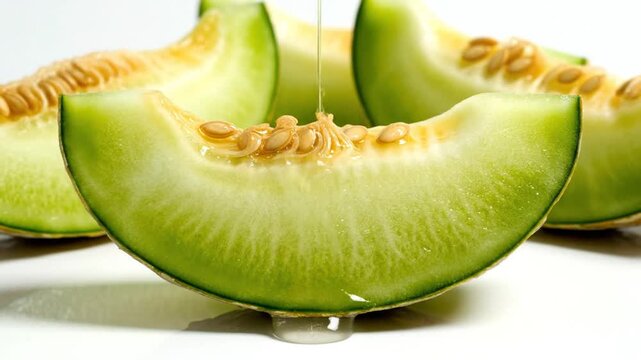 Delicious honey dripping onto juicy slices of cantaloupe melon fruit, close-up shot on white background