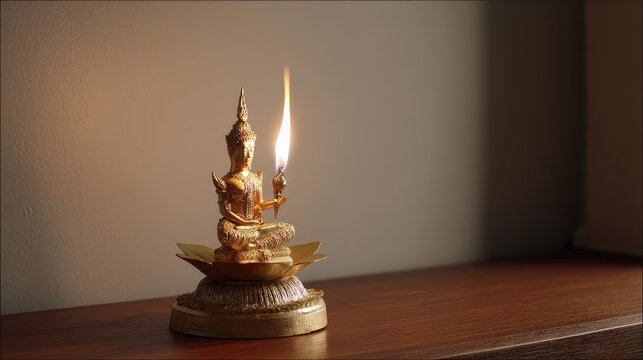 Golden Buddha Statue Holding Flame on a Lotus Base Illuminating a Serene Indoor Setting