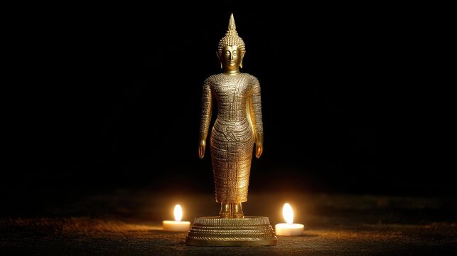 Serene Buddha Statue Surrounded by Soft Candlelight in a Dark Atmosphere for Meditative Spaces and Spiritual Environments