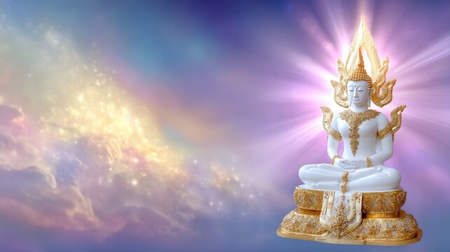 Serene White Buddha Statue Surrounded by Soft Purple and Gold Light with Ethereal Background