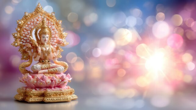 Beautiful decorative statue of a deity on a lotus flower with soft vibrant bokeh background