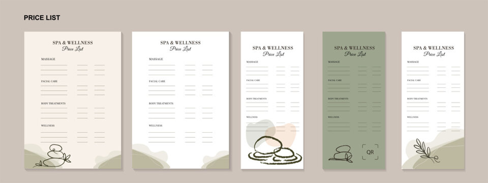 Spa price list template set. Five vertical menu layouts with minimalist zen stones line art and organic pastel shapes. Modern boho designs for wellness, massage, and beauty salon.