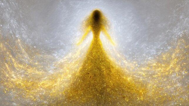 Ethereal Gold Figure Emerging from Sparkling Light with Flowing Dress and Radiant Aura in Dreamlike Setting