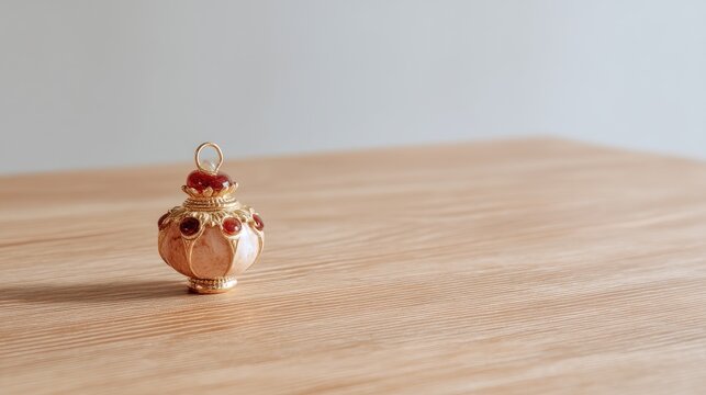 Detailed Close-Up Image of a Decorative Gold Pendant with Red Stones on a Wooden Surface