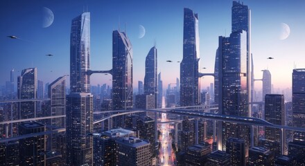 Fototapeta premium Gleaming futuristic cityscape with towering skyscrapers and aerial transport at dusk