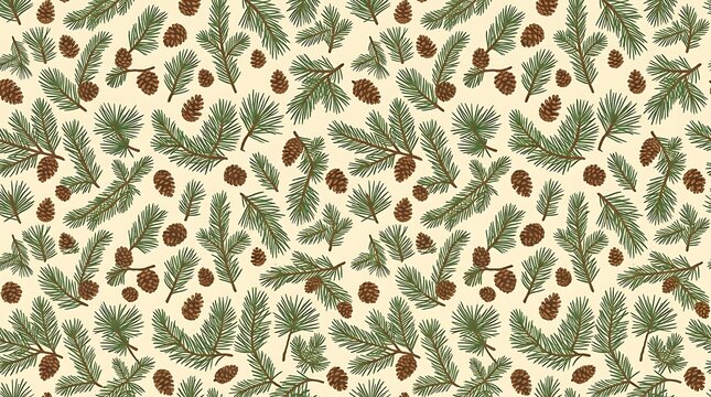 Seamless pattern with pine branches and pine cones on beige