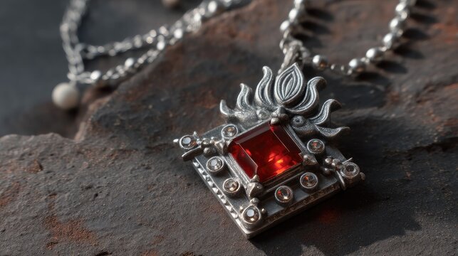 Intricate Silver Necklace with Red Gemstone and Floral Motif on Textured Rock Surface