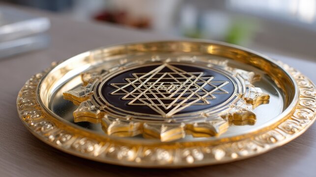 Intricate Gold and Black Decorative Plate with Geometric Design for Home or Office Decor Enhancement