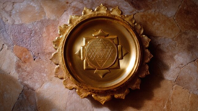 Golden Decorative Plate with Intricate Design on Textured Stone Surface
