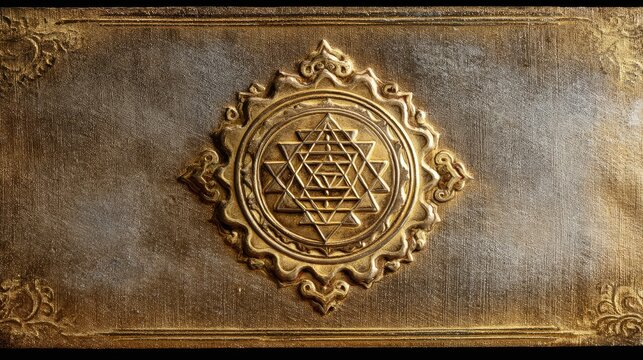 Decorative golden symbol on textured background showcasing intricate design and spirituality in artistic representation