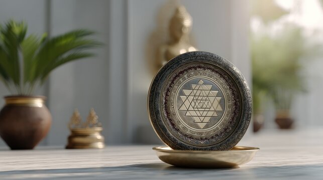 Intricate Decorative Plate with Sacred Geometry Design in Serene Indoor Setting Surrounded by Plants and Statues