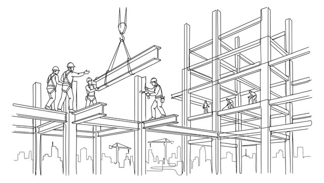 Construction workers assembling steel beam framework on a building site.