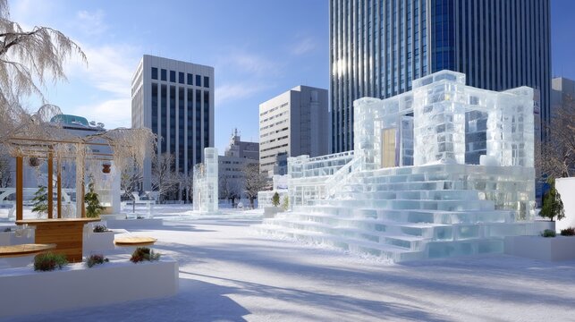 Stunning Ice Sculpture Plaza in Urban Setting Surrounded by Modern Buildings and Clear Blue Sky