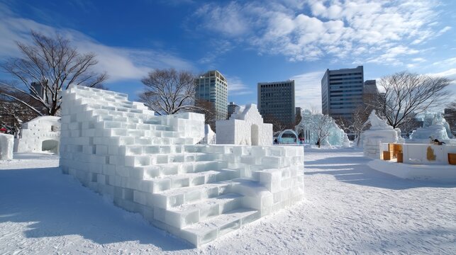 Majestic Ice Sculpture Park Featuring Intricate Ice Structures Under Clear Blue Sky and Vibrant Cityscape Background