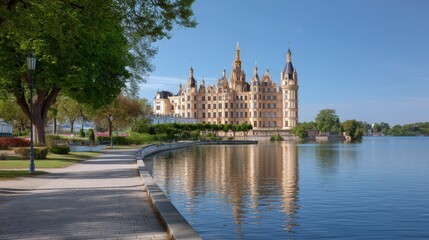 Obraz premium Stunning Historic Castle Reflecting in Calm Waters Surrounded by Lush Greenery and Clear Blue Sky