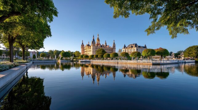 Majestic Castle Reflected in Tranquil Lake with Lush Green Trees Surrounding Scenic Park in Clear Blue Sky