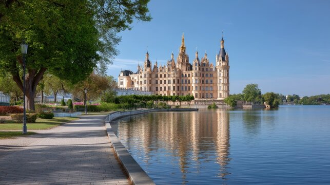Stunning Historic Castle Reflecting in Calm Waters Surrounded by Lush Greenery and Clear Blue Sky