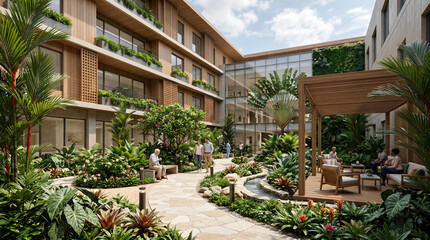 Fototapeta premium Biophilic Outdoor Plaza with Timber Structure and Garden Seating Area