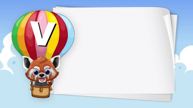 Cartoon Red Panda in Hot Air Balloon with Blank White Paper Background