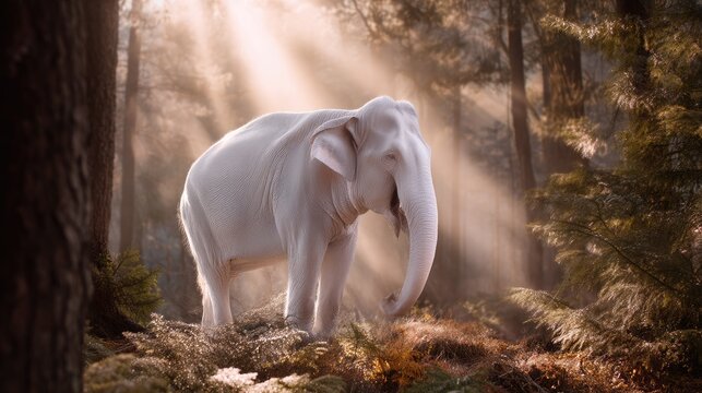 Majestic White Elephant in Enchanted Forest with Soft Sunlight Filtering Through Trees