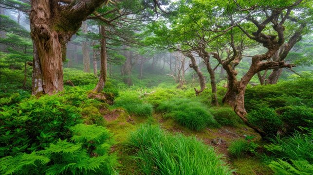 Serene Misty Forest Landscape with Lush Green Foliage and Ancient Trees in a Tranquil Environment