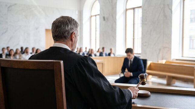 Judge holding gavel presiding over legal case in courtroom