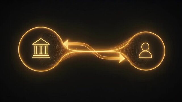 Glowing digital connection between institution and person icons with arrows