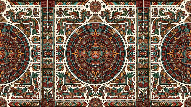 Intricate mesoamerican calendar pattern with serpents and symbols