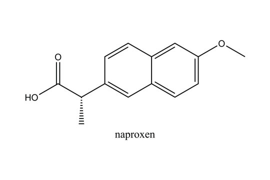Naproxen chemical structure illustrated as a 2D skeletal molecular formula. Scientific vector isolated on a white background for chemistry, pharmaceutical, and educational applications.