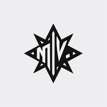 Abstract geometric initial letter NV logo design icon in octagram star frame.