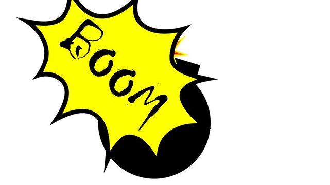Boom cartoon bomb vector clip art. Classic comic style exploding black bomb icon with lit fuse and yellow pop art text bubble. Ideal for creative designs