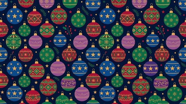 Festive seamless pattern with colorful christmas tree ornaments