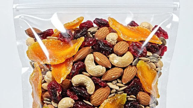 Close-up of assorted dry fruits and nuts mix snack in transparent sealed bag for a healthy treat