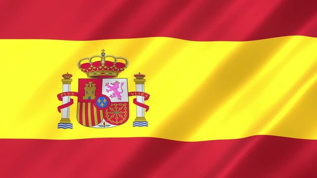 Waving flag of Spain with official coat of arms, featuring realistic satin fabric texture, soft ripples, folds, and vibrant red and yellow colors