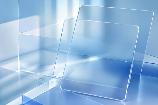 Glassmorphism UI background with translucent frosted glass layers in soft blue and white, minimalist tech aesthetic, photorealistic 3D render suitable for dashboard or app design