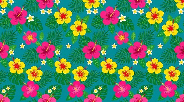 Seamless tropical pattern with pink and yellow hibiscus flowers