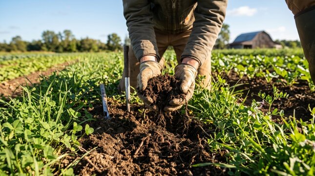 Farmer holding rich soil in hands examining earth quality in green field, agricultural worker checking ground fertility for crop growth, organic farming and sustainable land cul...