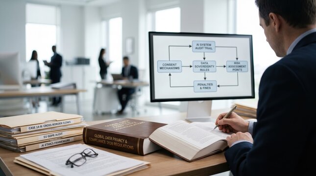 Corporate lawyer studying global data privacy regulations book while reviewing AI system audit trail flowchart on computer screen in busy law firm office