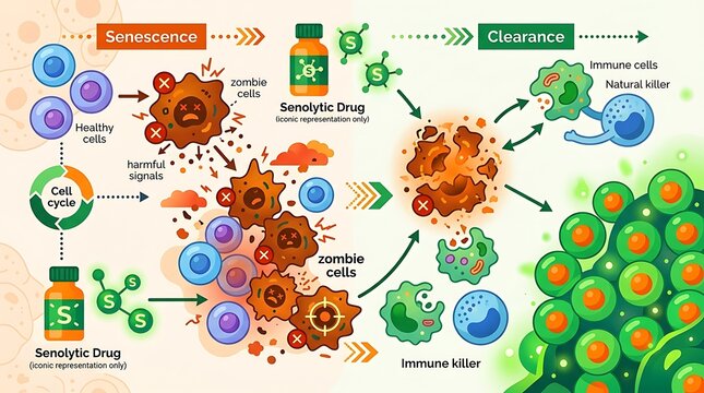 Diagram showing senescent cell clearance by drugs and immune system