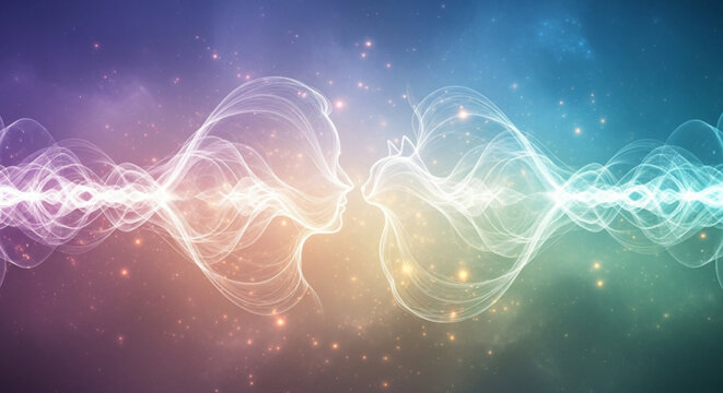 Abstract spiritual connection between a human and cat silhouette profile with glowing light waves in a colorful cosmic galaxy background.