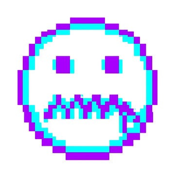Purple and Cyan Pixel Art Emoji Featuring a Zipper Mouth Expression Representing Silence or Secrets