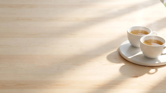 Two cups of hot coffee on a wooden table with soft natural sunlight for a cozy morning background