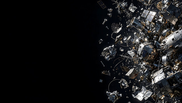 Abstract Space Junk and Metallic Debris Floating in a Dark Outer Space Background