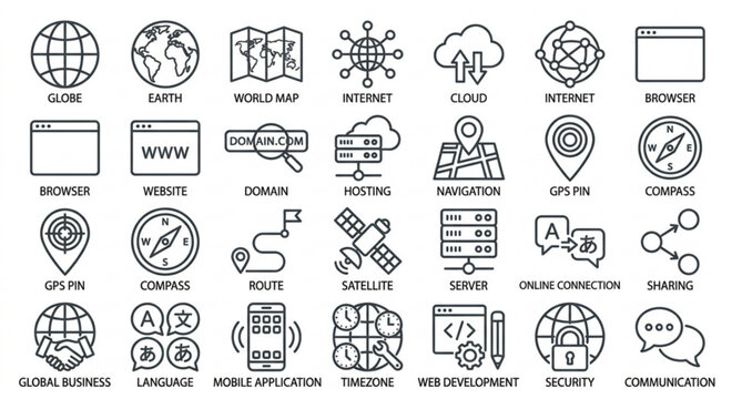Globe Outline Icon Set for Web Development Mobile Apps and Global Communication Editable Stroke Vector Collection