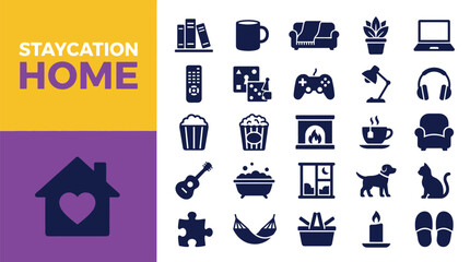 Plakat Collection of flat vector icons representing various staycation home activities