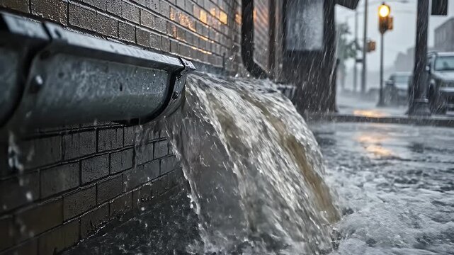 Heavy rain pours from a gutter onto a wet city street.