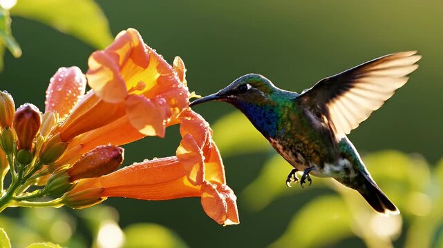 Hummingbird Feeding on Vibrant Orange Trumpet Vine Flowers.