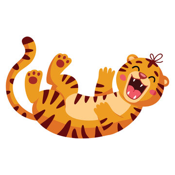 Cute cartoon tiger rolling on back and roaring loudly with playful action funny expression and animated wildlife character style