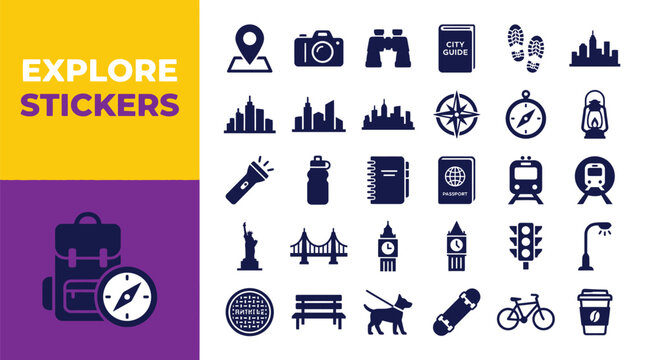 Collection of flat vector travel icons for urban exploration projects
