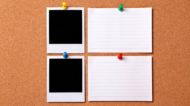 Blank polaroid style photo frames and note cards pinned to a cork board with corkboard polaroid bulletin photograph reminder template background organizer workplace creative